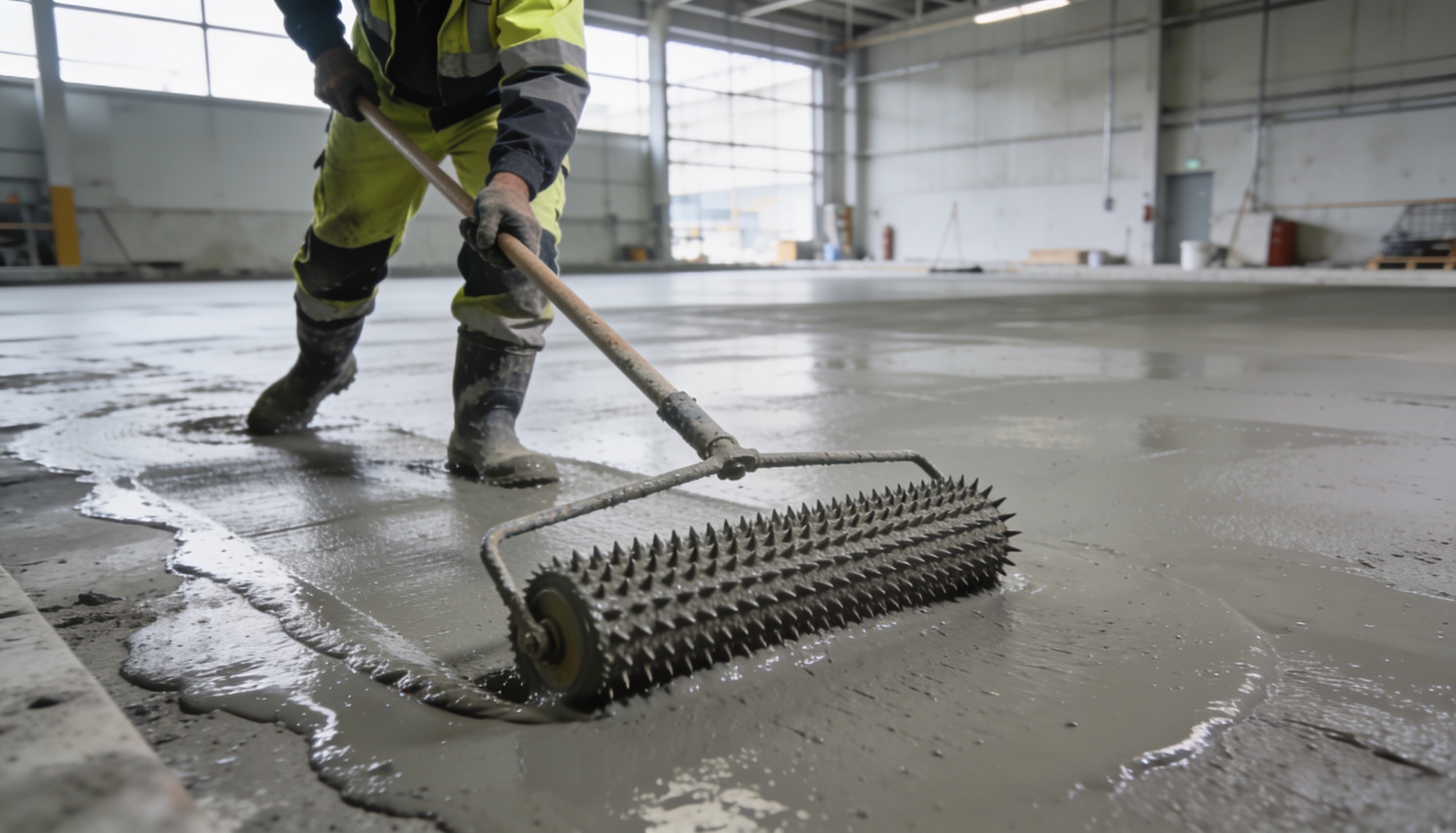 Contractor spreading self-levelling floor screed on site