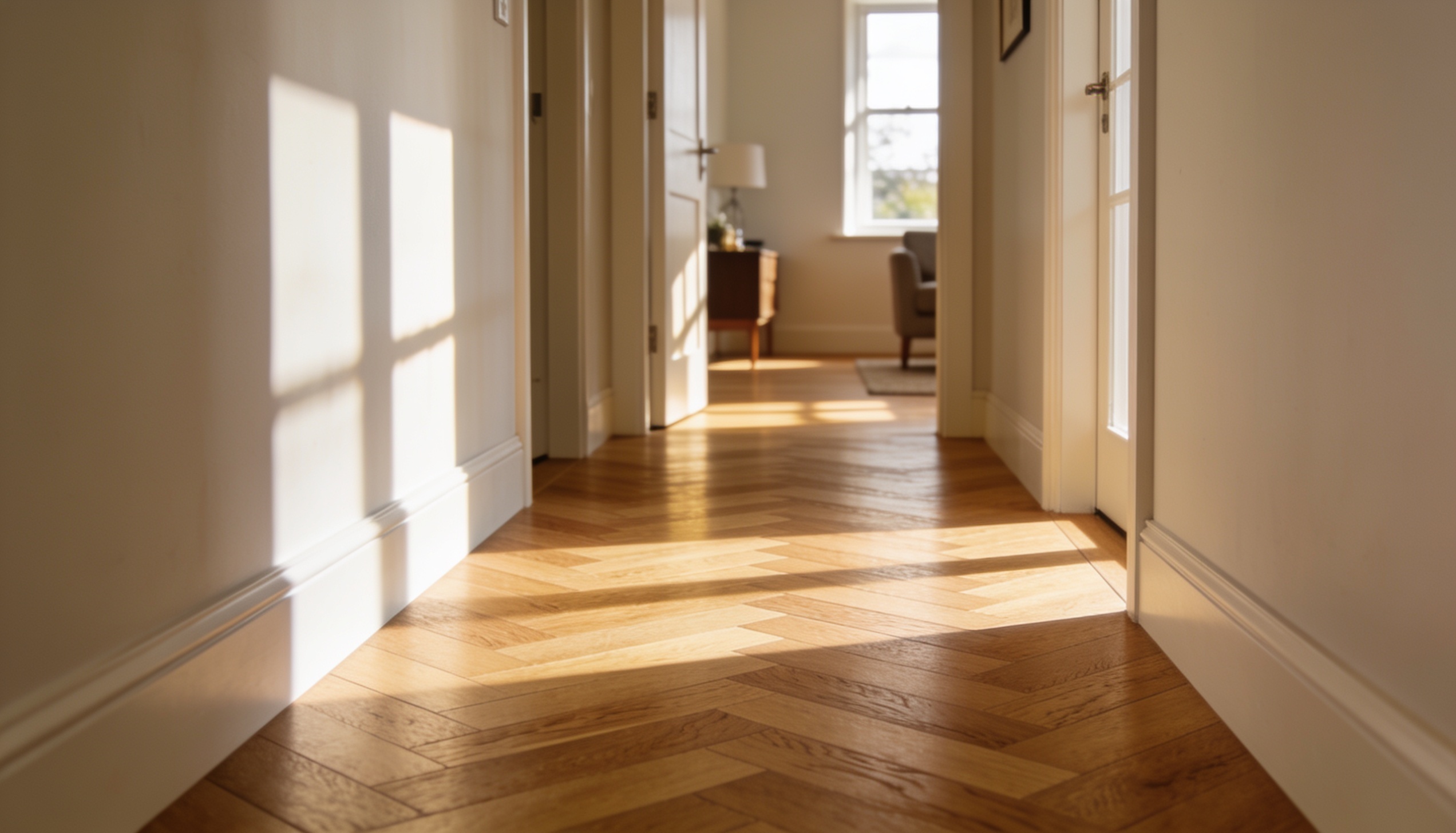	Herringbone luxury vinyl tile flooring in a bright home